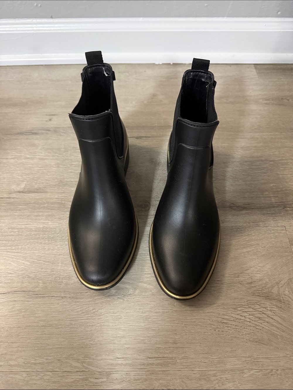 kate spade Black Chelsea Rain Boots with Gold Trim